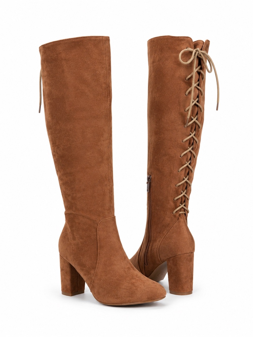 NWOT City Chic Wide Calf Brown Suede Lace Up Knee High Boots Block Heel